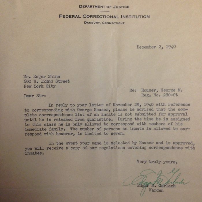 A letter from the Danbury, Connecticut prison where Houser was incarcerated, notifying Shinn that he is not authorized to correspond with Houser.