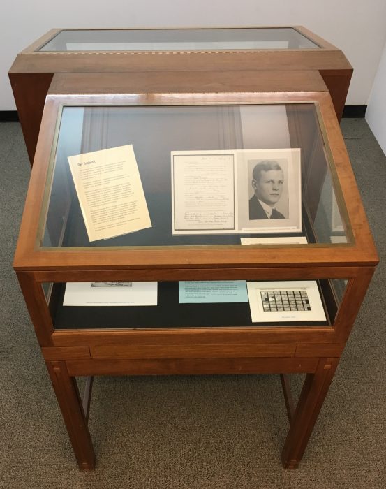 Photograph of the exhibit case housing the Dietrich Bonhoeffer Nachlass microfiche collection exhibit